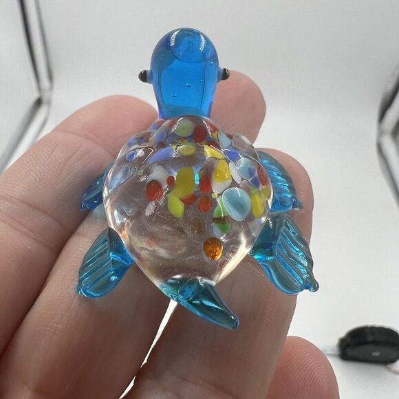 MINIATURE Art GLASS Blue Turtle FIGURINE Multicolor Tiny Collectible Trinket - Picture 4 of 7